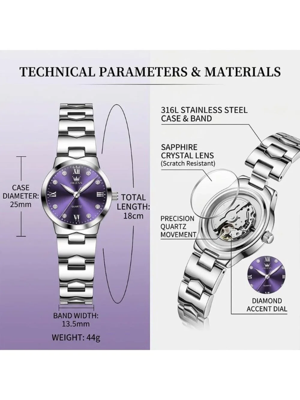 Women's Purple and Silver Analog Quartz Waterproof Stainless Steel Band Watch